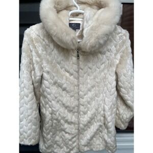 Gallery New York Faux Fur Hooded Jacket Ivory Cream Textured Zip Front Coat M